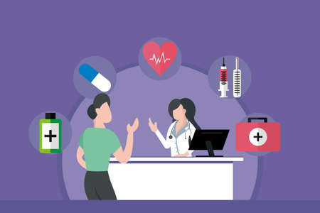 illustration vector graphic of female doctor giving directions to the patient, showing medical equipment, perfect for pharmacy, healthy, hospital, etc.のイラスト素材