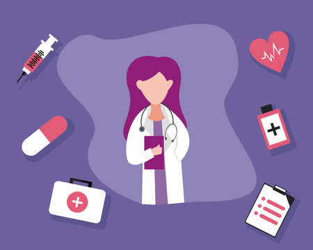 illustration vector graphic of female doctor hugging a book, surrounded by medical equipment, perfect for medical, pharmacy, hospital, healthy, etc.のイラスト素材