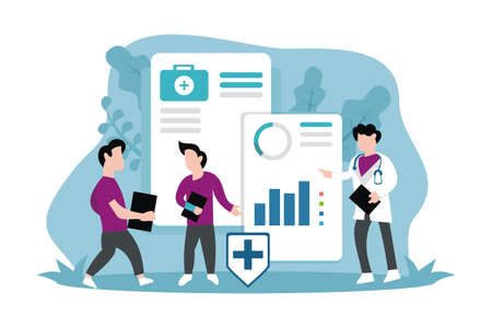 illustration vector graphic of a doctor is giving directions to his two assistants regarding medical...