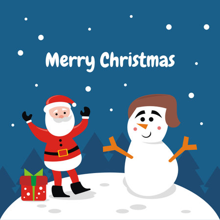 illustration vector graphic of santa claus is happy with snowman while bringing gifts at night, showing snowfall, perfect for religion, christmas, church, greeting card, etc.のイラスト素材