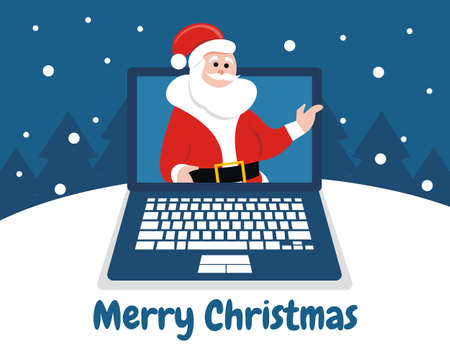 illustration vector graphic of Santa Claus is greeting inside the laptop screen, perfect for christmas, religion, church, greeting card, etc.のイラスト素材