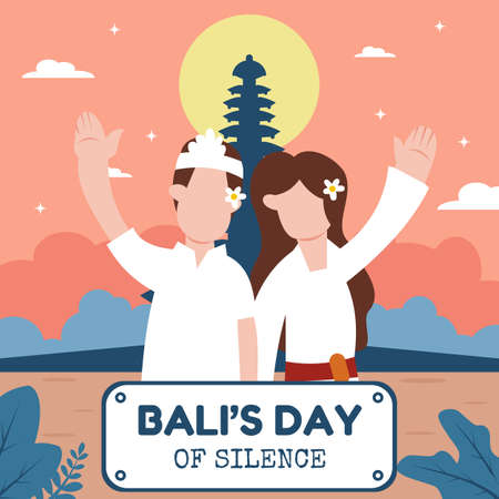 illustration vector graphic of a couple is waving in front of the temple, perfect for religion, holiday, culture, silence day, greeting card, etc.のイラスト素材