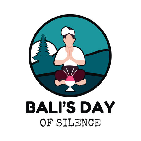 illustration vector graphic of a young man meditating in the temple courtyard, perfect for religion, holiday, culture, tradition, silence day, greeting card, etc.のイラスト素材