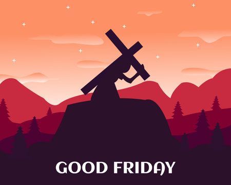 illustration vector graphic of a man carrying a cross on his shoulders on a hill, perfect for religion, holiday, culture, greeting card, etc.のイラスト素材