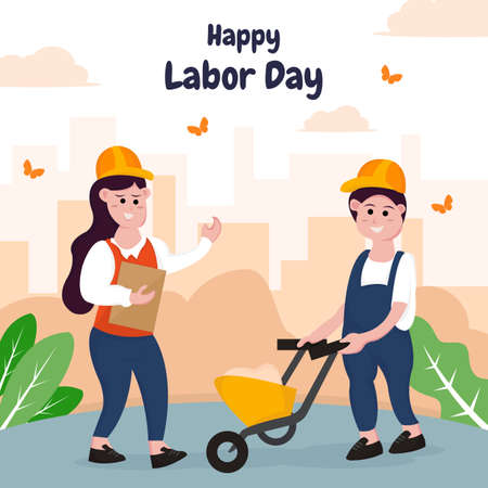 illustration vector graphic of a foreman is giving instructions to a worker, perfect for labor day, holiday, celebration, greeting card, etc.のイラスト素材