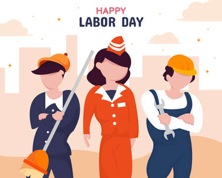 illustration vector graphic of three workers with different professions standing together, perfect for labor day, celebration, greeting card, etc.のイラスト素材