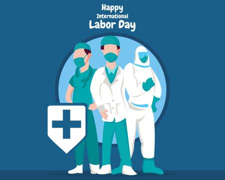 illustration vector graphic of three medical personnel standing together, perfect for labor day, medical, pharmacy, holiday, greeting card, etc.のイラスト素材