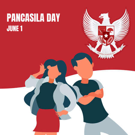 illustration vector graphic of a couple of teenagers standing together, showing the Indonesian national flag as a background, perfect for pancasila day, celebrate, holiday, greeting card, etc.のイラスト素材