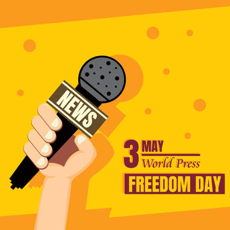 illustration vector graphic of hand holding up a microphone for a news event, perfect for world press freedom day, celebrate, greeting card, etc.のイラスト素材