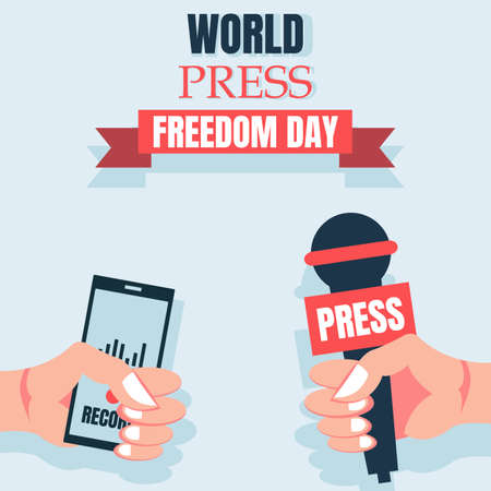 illustration vector graphic of hand carrying microphone and smartphone, perfect for world press freedom day, celebrate, holiday, greeting card, etc.のイラスト素材