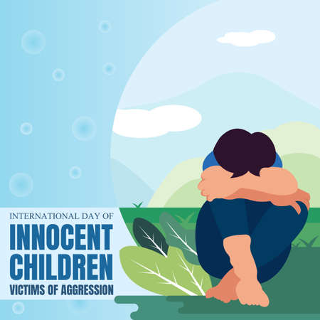 illustration vector graphic of sad boy sitting pensively in the garden, overlooking the mountains, perfect for international day innocent children victims of aggression, celebrate, greeting card, etc.のイラスト素材