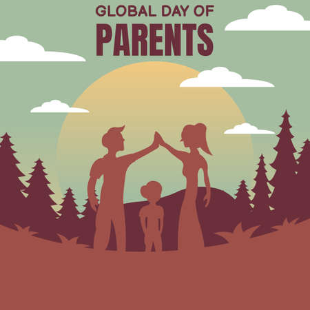 illustration vector graphic of silhouette of a family in the garden, showing mountain views and fir trees, perfect for global day of parents, celebrate, greeting card, etc.のイラスト素材