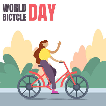 illustration vector graphic of a woman riding a bicycle waving on the street, perfect for world bicycle day, transportation, sport, celebrate, greeting card, etc.のイラスト素材