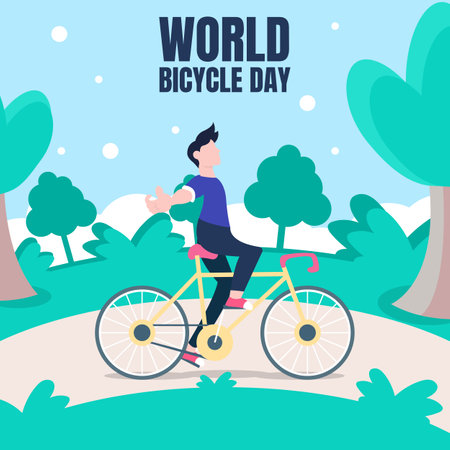 illustration vector graphic of a man riding a bicycle while letting go of his hands, perfect for world bicycle day, transportation, sport, celebrate, greeting card, etc.のイラスト素材