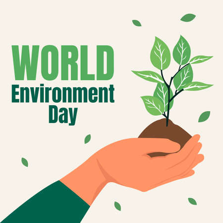 illustration vector graphic of a hand holding a green plant and its soil medium, perfect for world environment day, agriculture,nature, celebrate, greeting card, etc.のイラスト素材