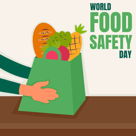 illustration vector graphic of hand holding a shopping bag filled with fruit and vegetables, perfect for world food safety day, celebrate, greeting card, etc.のイラスト素材