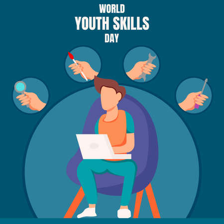 illustration vector graphic of a man is using a laptop, showing hands holding equipment, perfect for world youth skills day, celebrate, greeting card, etc.のイラスト素材