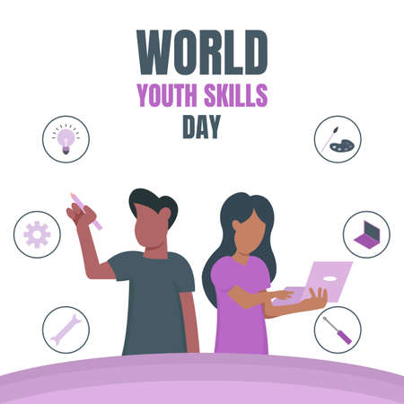 illustration vector graphic of a group working using a laptop, showing equipment, perfect for world youth skills day, celebrate, greeting card, etc.のイラスト素材