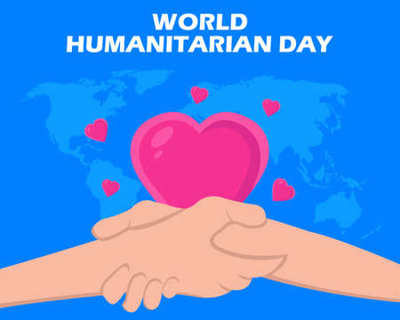 illustration vector graphic of shaking hands, showing heart symbol and world map, perfect for world humanitarian day, celebrate, greeting card, etcのイラスト素材