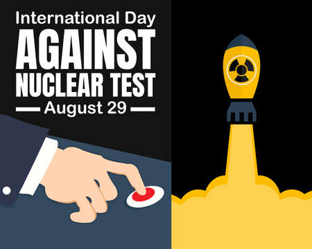 illustration vector graphic of the hand is pressing the nuclear button, showing a nuclear missile in flight, perfect for international day against nuclear test, celebrate, greetingのイラスト素材