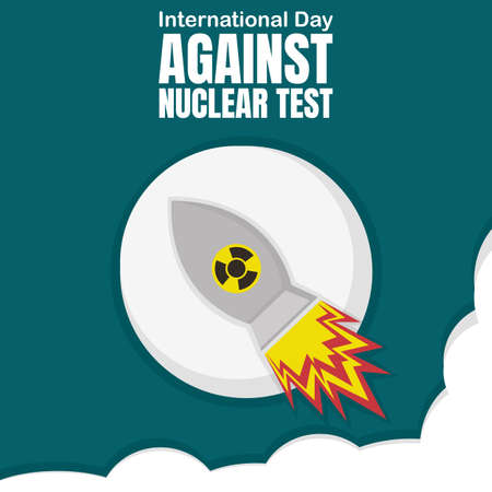 illustration vector graphic of a nuclear rocket flies into space, showing a full moon and thick smoke, perfect for international day against nuclear test, celebrate, greeting card,のイラスト素材