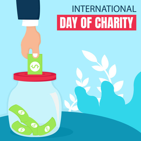 illustration vector graphic of hand putting a dollar bill in a jar, showing a plant background, perfect for international day of charity, celebrate, greeting card, etc.のイラスト素材