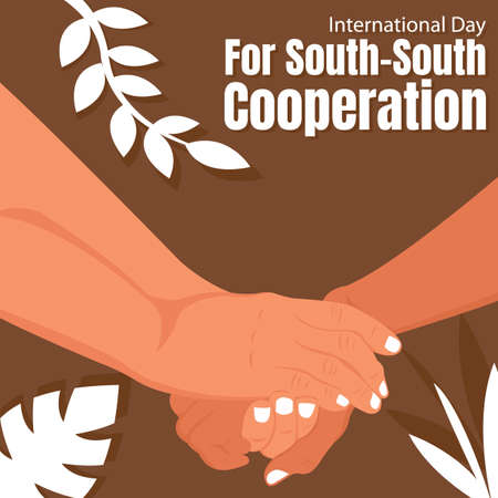 illustration vector graphic of a pair of hands holding tightly the other hand, showing leaves background, perfect for international day, south-south cooperation, celebrate, greetinのイラスト素材