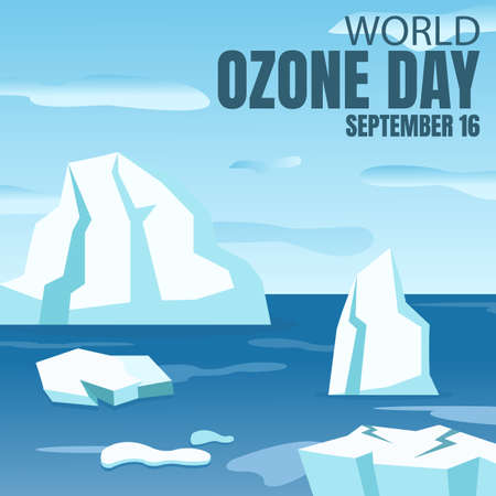 illustration vector graphic of melting ice island in the ocean, showing blue sky, perfect for international day, preservation of the ozon layer, celebrate, greeting card, nature, eのイラスト素材
