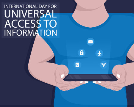 illustration vector graphic of a man in a blue shirt is holding a smartphone, showing digital icons, perfect for international day, universal access to information, celebrate, greeのイラスト素材