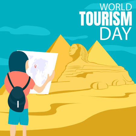 illustration vector graphic of man holding world map in egypt tourist destination, showing sphinx statue and pyramid in desert, perfect for world tourism day, celebrate, greeting cのイラスト素材