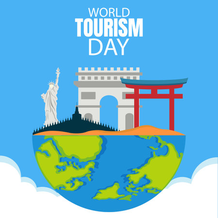 illustration vector graphic of various world travel icons on half of the planet earth, perfect for world tourism day, celebrate, greeting card, etc.のイラスト素材