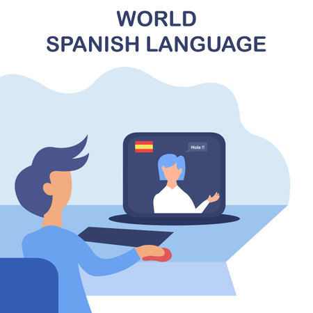 illustration vector graphic of a person is communicating in spanish via a laptop, perfect for international day, world spanish language, celebrate, greeting card, etc.のイラスト素材