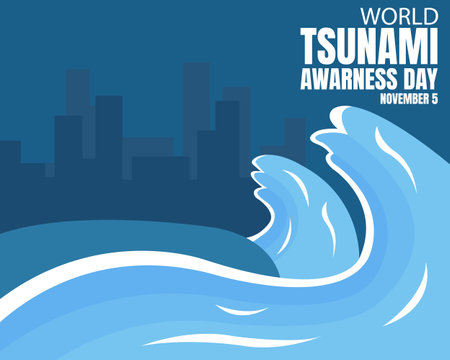 illustration vector graphic of tsunami high waves in the middle of the night, showing urban silhouette, perfect for international day, world tsunami awarness day, celebrate, greetiのイラスト素材