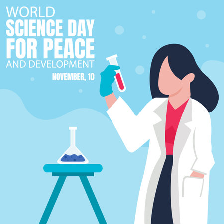 illustration vector graphic of a female researcher is lifting a sample tube, perfect for international day, world science day, peace and development, celebrate, greeting card, etc.のイラスト素材