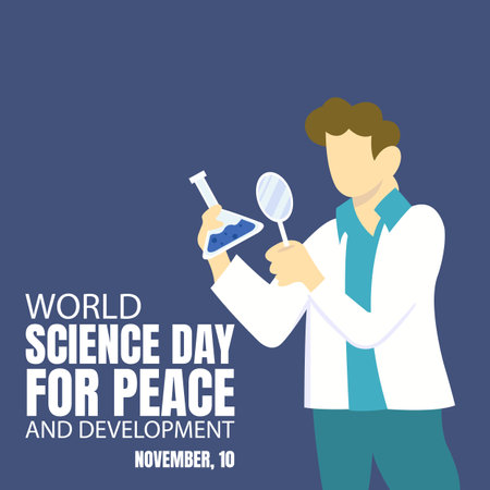 illustration vector graphic of a researcher is looking at a chemical bottle with a magnifying glass, perfect for international day, world science day, peace and development, celebrのイラスト素材