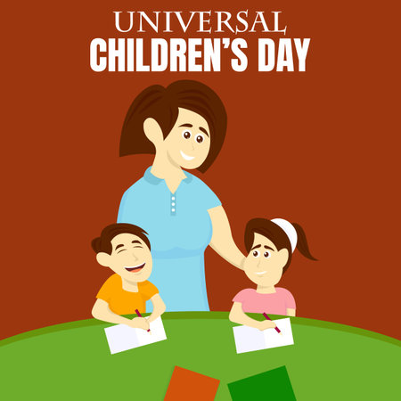 illustration vector graphic of mother is accompanying her two children studying at the table, perfect for international day, universal children's day, celebrate, greeting card, etcのイラスト素材