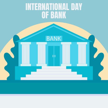 illustration vector graphic of bank office building, showing leaves and sunset background, perfect for international day, international day of bank, celebrate, greeting card, etc.のイラスト素材