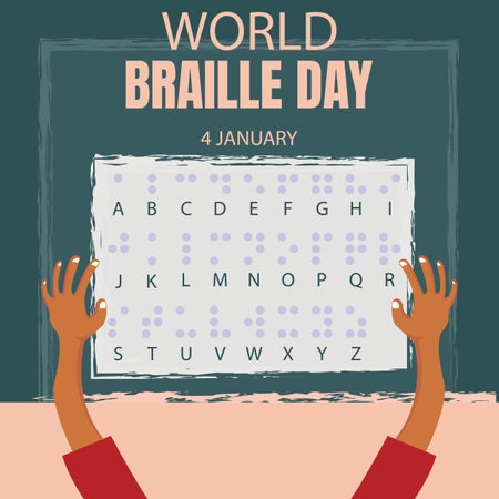 illustration vector graphic of a pair of hands holding a piece of paper with the braille alphabet written on it, perfect for international day, world braille day, celebrate, greetiのイラスト素材