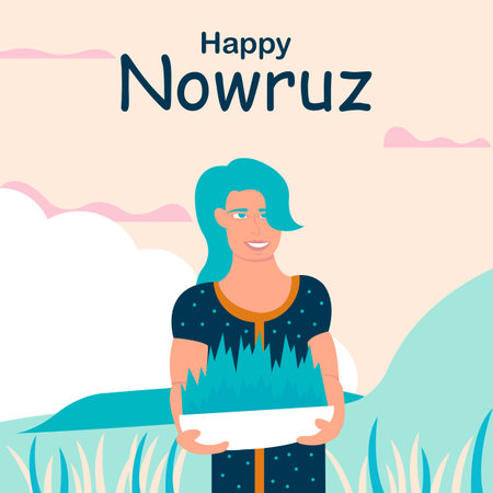 illustration vector graphic of a woman carrying greenery to celebrate nowruz, perfect for international day, happy nowruz day, celebrate, greeting card, etc.のイラスト素材
