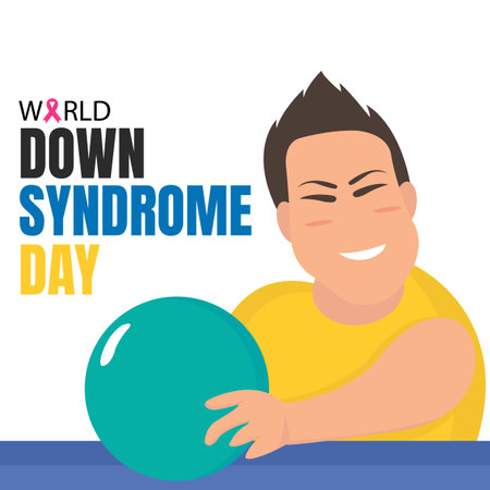 illustration vector graphic of a child with down syndrome is holding a ball, perfect for international day, world down syndrome day, celebrate, greeting card, etc.のイラスト素材