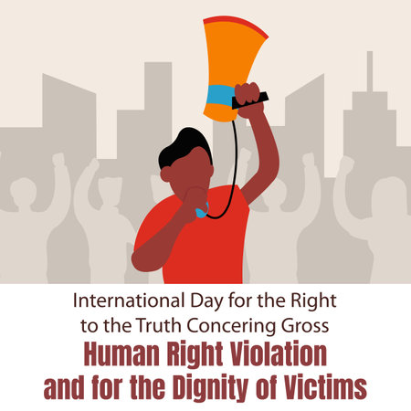 illustration vector graphic of a man speaks into a megaphone, showing silhouettes of demonstrators, perfect for international day, human right violation, the dignity of victims, ceのイラスト素材