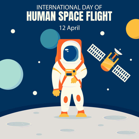illustration vector graphic of an astronaut standing on the moon, showing transmitter satellites and planets, perfect for international day, human space flight, celebrate, greetingのイラスト素材