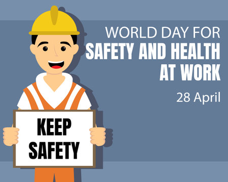 illustration vector graphic of a worker holding a work safety warning sign, perfect for international day, safety and health at work, celebrate, greeting card, etc.のイラスト素材