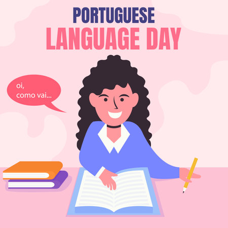 illustration vector graphic of a woman is opening a dictionary at the table, showing stacks of books, perfect for international day, world portuguese language day, celebrate, greetのイラスト素材