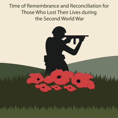 illustration vector graphic of silhouettes of soldiers holding guns behind roses, perfect for international day, remembrance reconciliation, those who lost, their lives during, secのイラスト素材