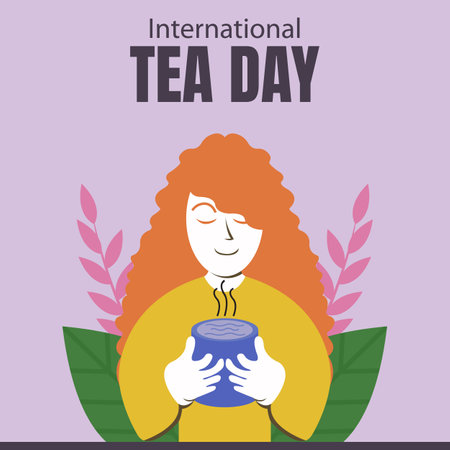 illustration vector graphic of woman is inhaling the aroma of tea from a cup, perfect for international day, international tea day, celebrate, greeting card, etc.のイラスト素材
