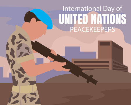 illustration vector graphic of a soldier checks a weapon in the middle of a conflict, perfect for international day, united nations peacekeepers, celebrate, greeting card, etc.のイラスト素材