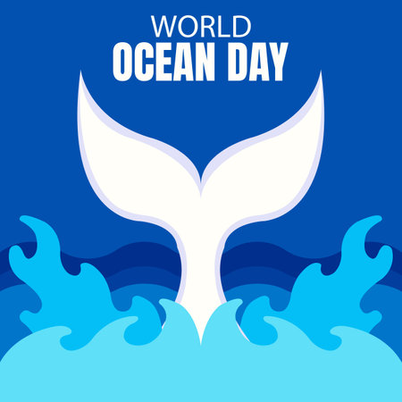 illustration vector graphic of a whale's tail rises to the surface, showing the ocean waves, perfect for international day, world ocean day, celebrate, greeting card, etc.のイラスト素材