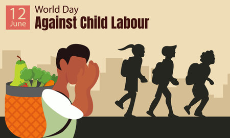 illustration vector graphic of a child worker is sad when he sees other children going to school, perfect for international day, world day against child labour, celebrate, greetingのイラスト素材