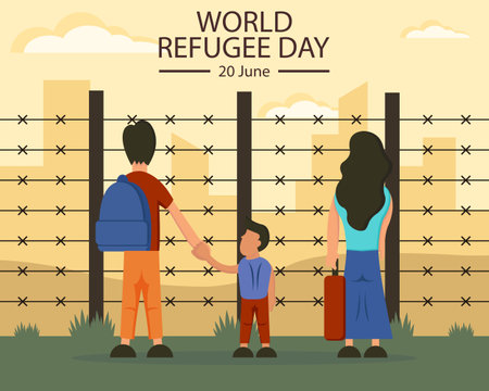 illustration vector graphic of the family took refuge in the barbed fence dividing the city, perfect for international day, world refugee day, celebrate, greeting card, etc.のイラスト素材